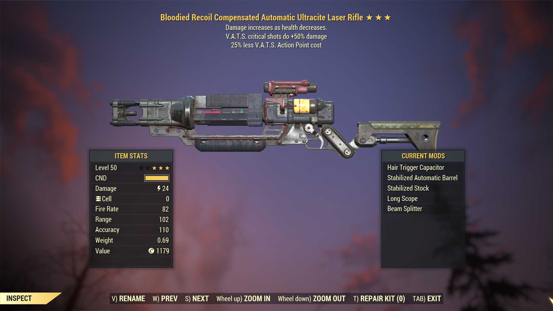 Bloodied Ultracite Laser rifle (+50% critical damage, 25% less VATS AP cost)