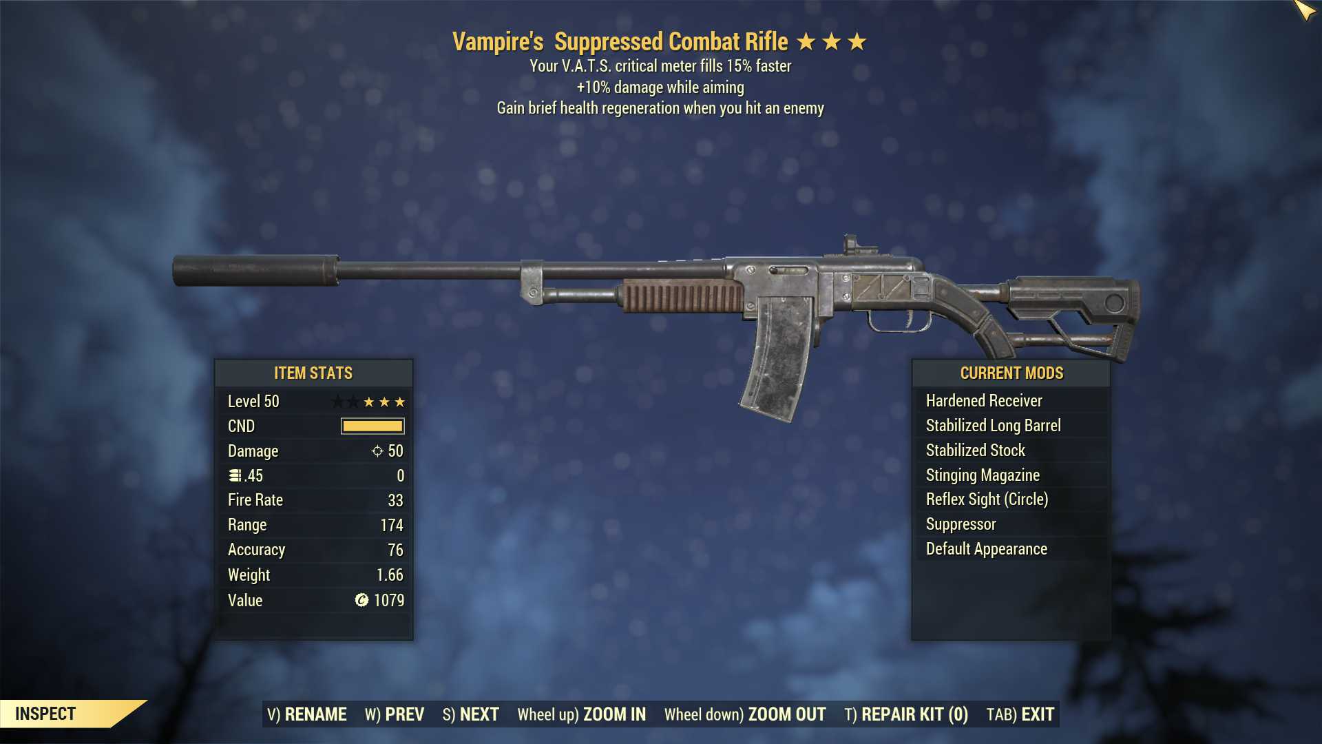 Vampire's Combat Rifle (+25% damage WA, VATS crit fills 15% faster)