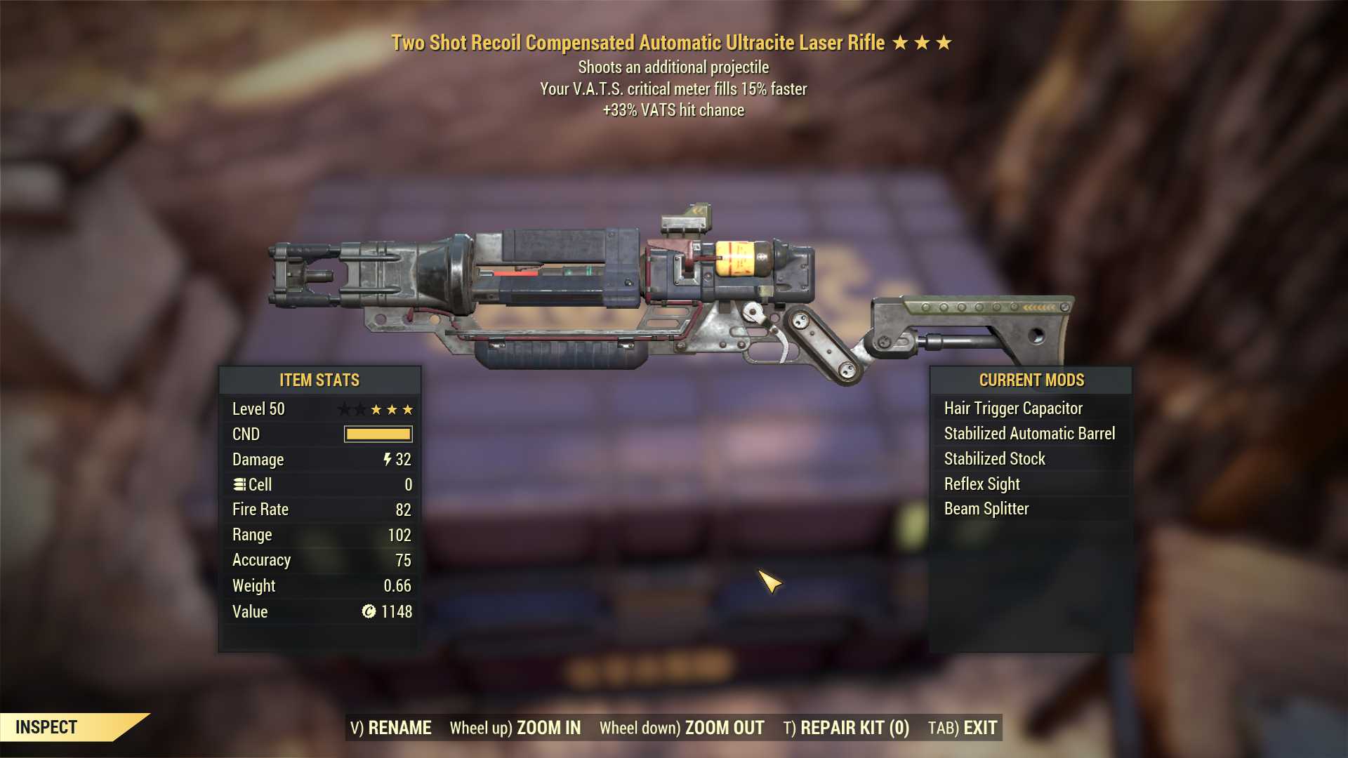 Two Shot Ultracite Laser rifle (+50% VATS hit chance, VATS crit fills 15% faster)