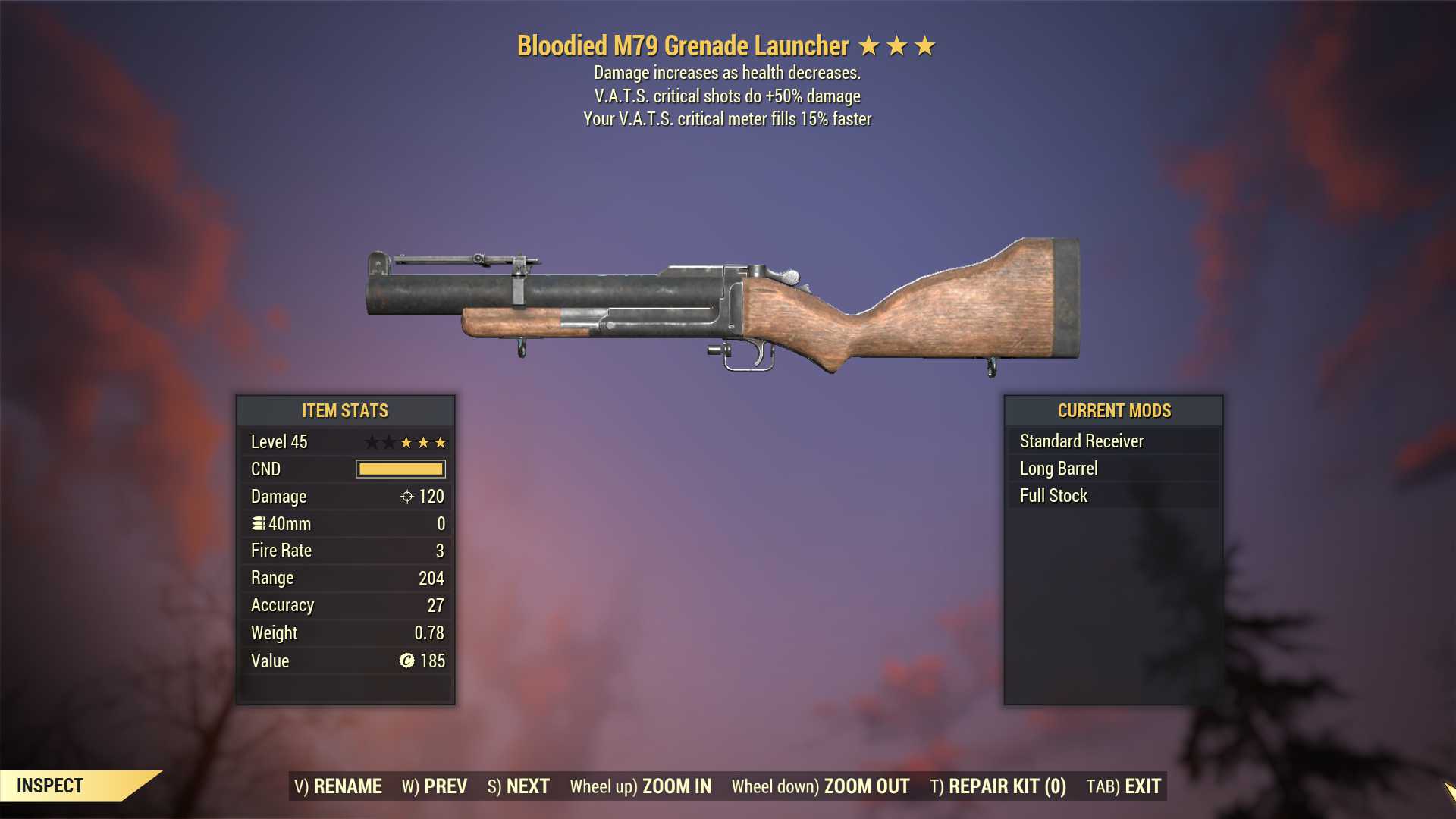 Bloodied M79 Grenade Launcher (+50% critical damage, VATS crit fills 15% faster)