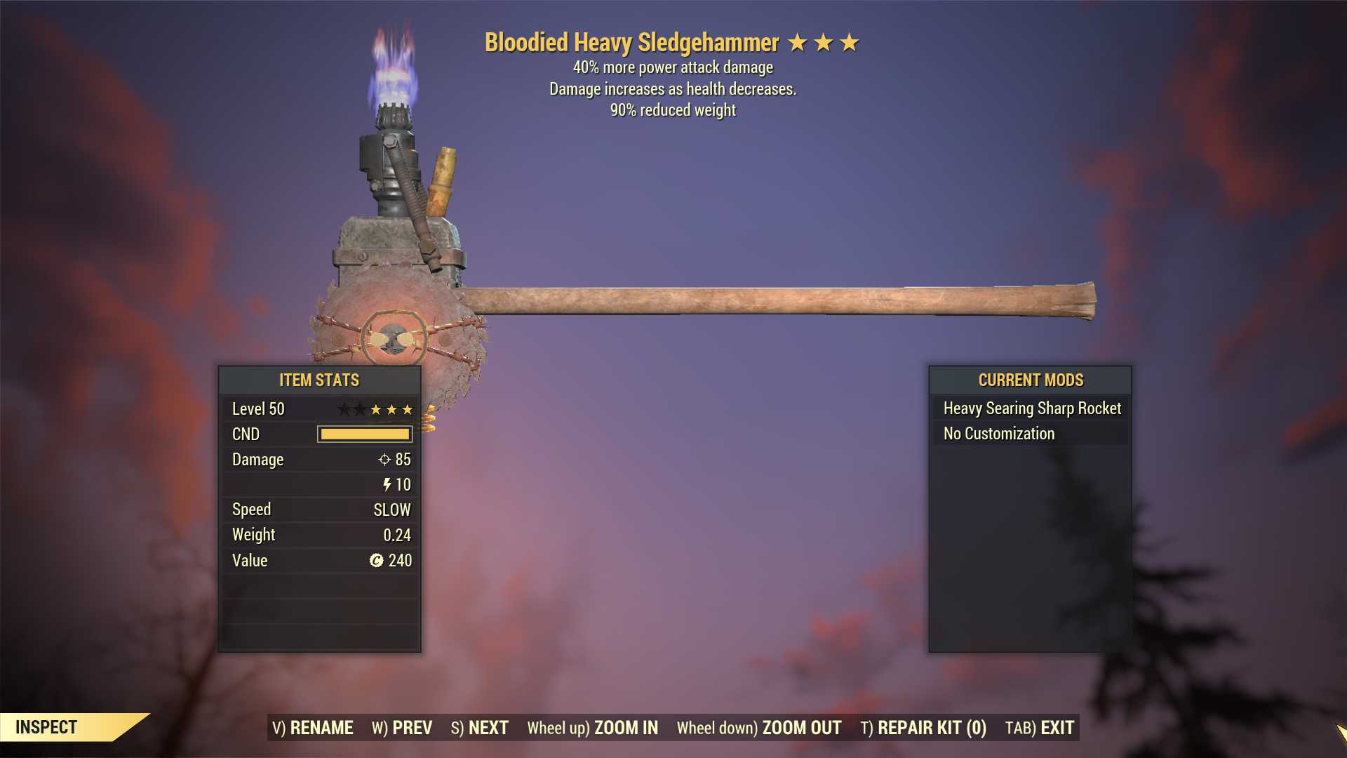 Bloodied Sledgehammer (+40% damage PA, 90% reduced weight)
