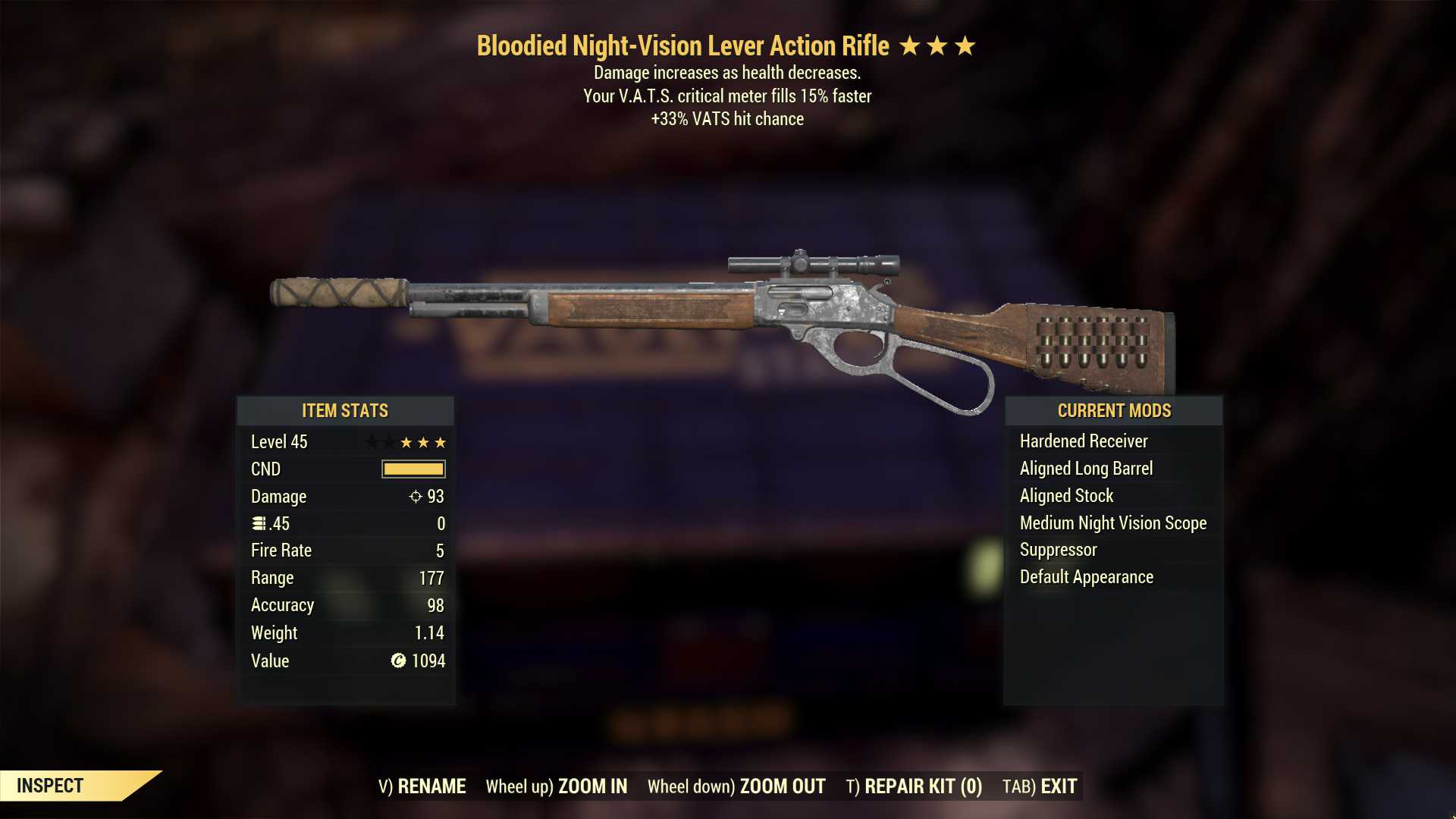 Bloodied Lever Action Rifle (+50% VATS hit chance, VATS crit fills 15% faster)