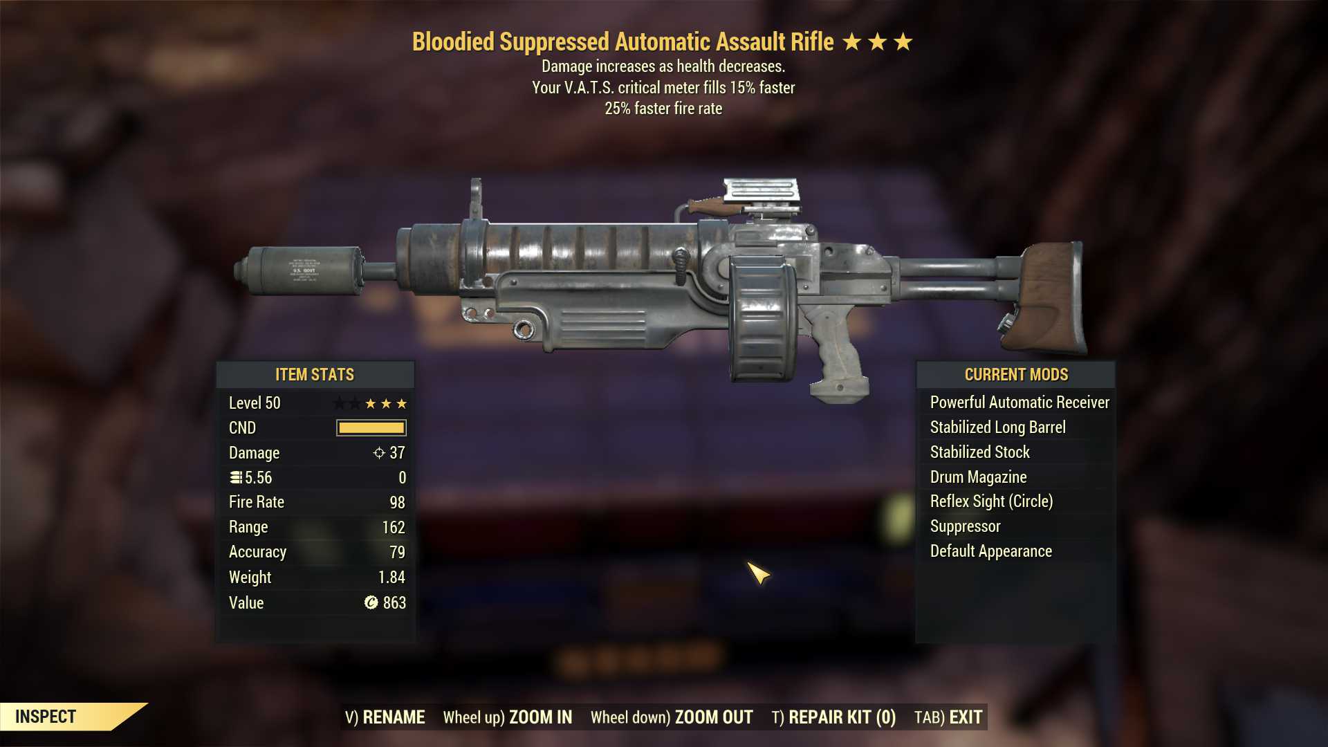 Bloodied Assault Rifle (25% faster fire rate, VATS crit fills 15% faster)