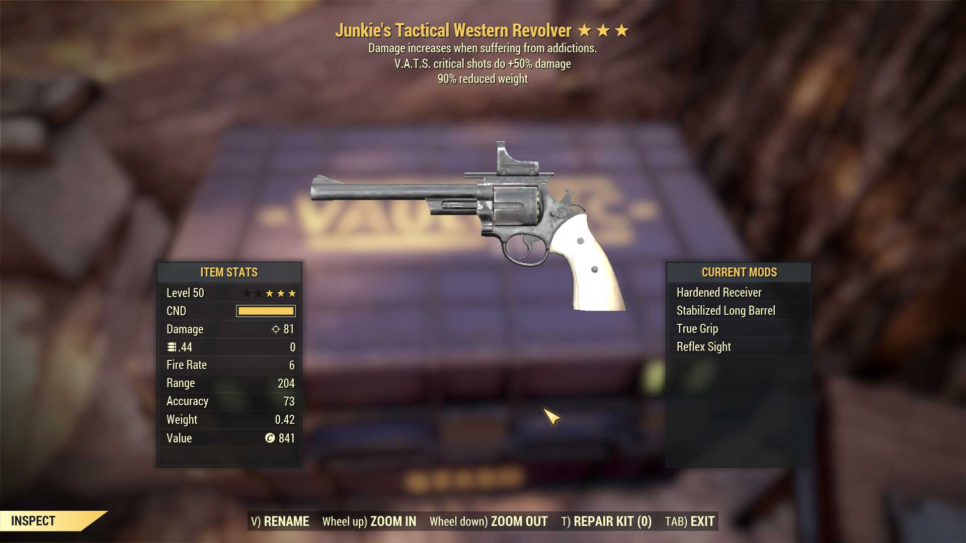 Junkie's Western Revolver (+50% critical damage, 90% reduced weight)