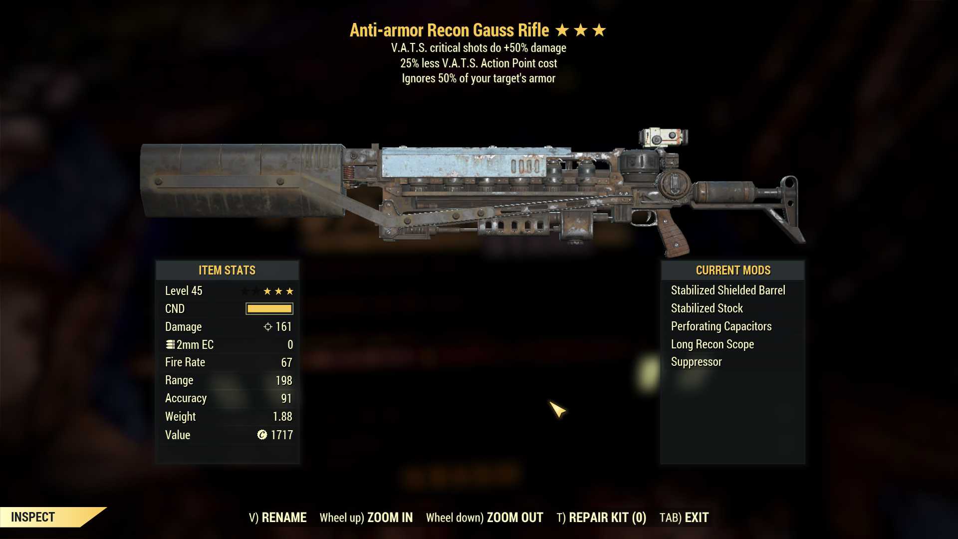 Anti-Armor Gauss Rifle (+50% critical damage, 25% less VATS AP cost)
