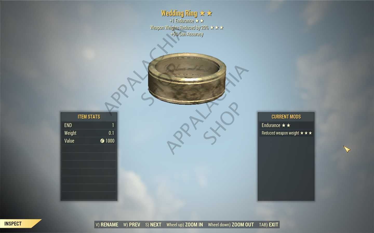 [END WWR ACCURACY] Weapon Weight Reduction Wedding Ring (+1 ENDURANCE, +5% Gun Accuracy) [Legendary 