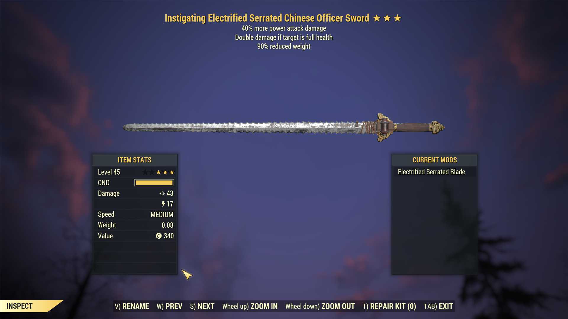Instigating Chinese Officer Sword (+40% damage PA, 90% reduced weight)