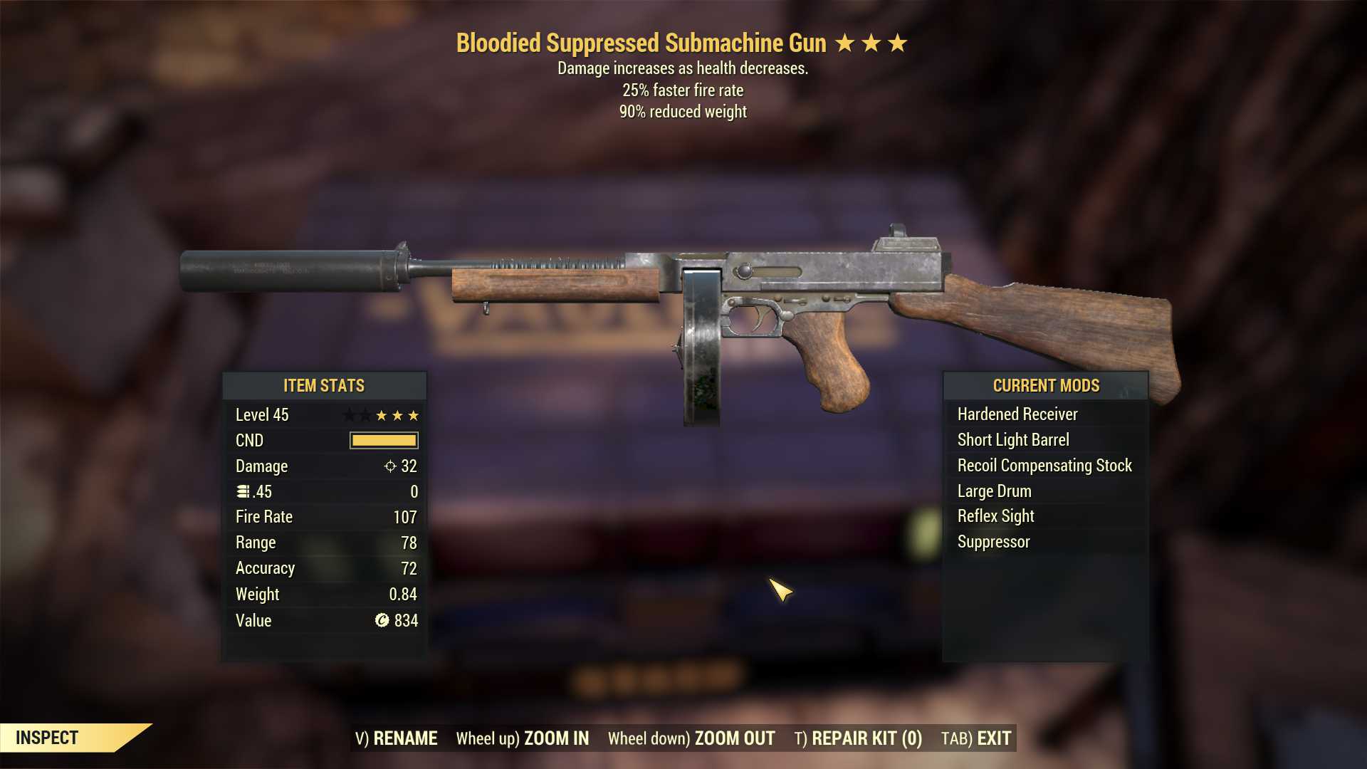 Bloodied Submachine Gun (25% faster fire rate, 90% reduced weight)