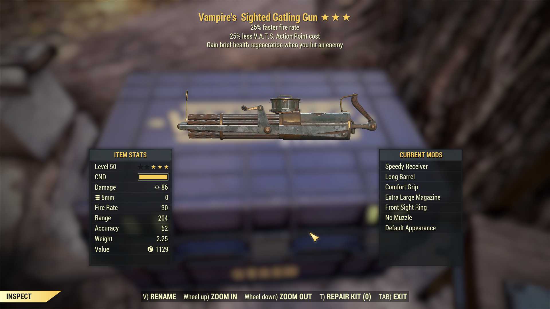 Vampire's Gatling Gun (25% faster fire rate, 25% less VATS AP cost)