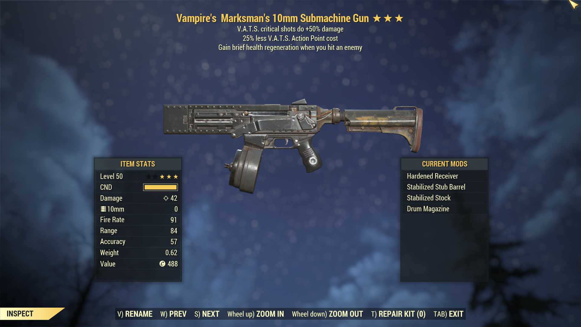 Vampire's 10mm Submachine Gun (+50% critical damage, 25% less VATS AP cost)