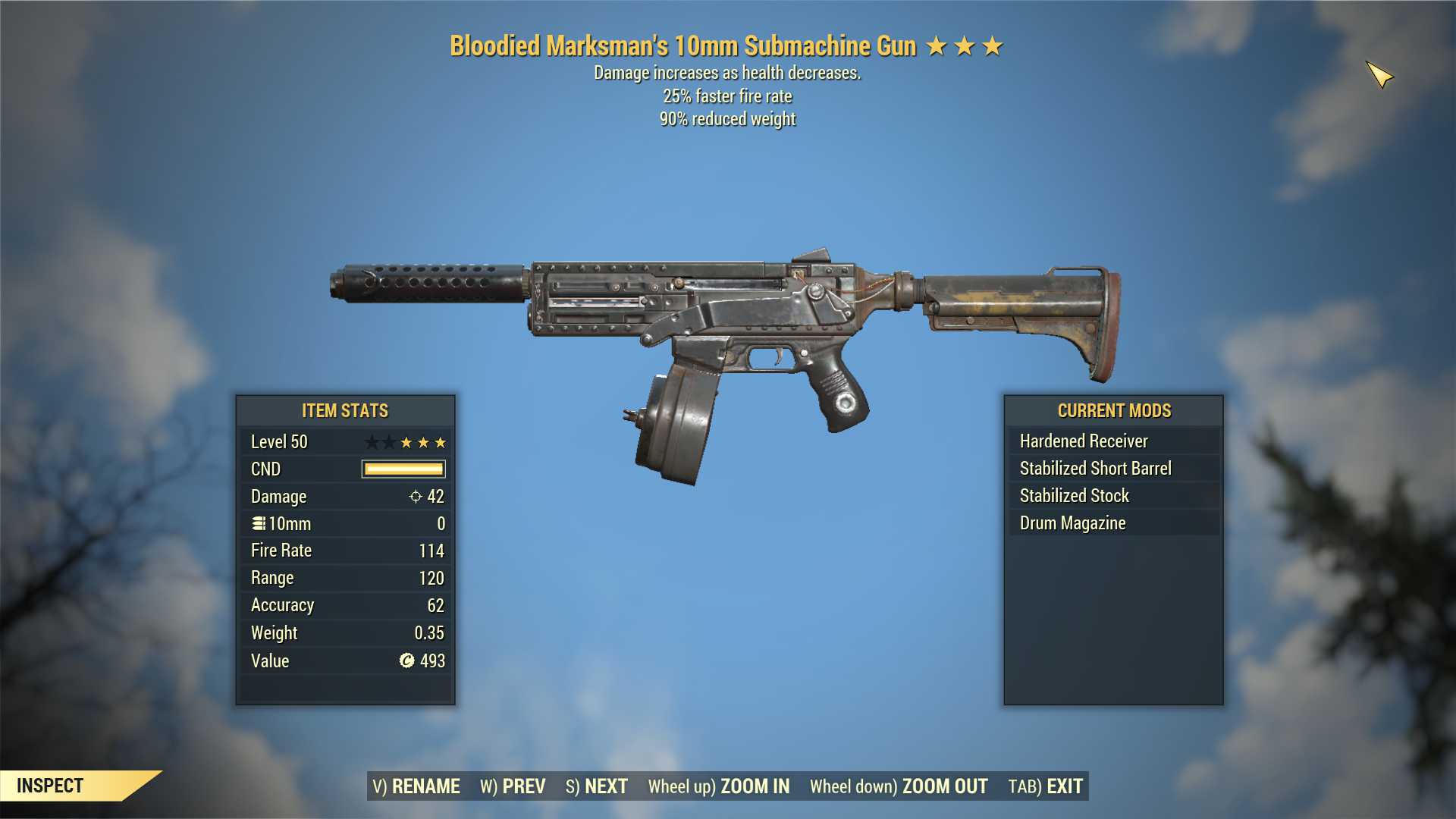 Bloodied 10mm Submachine Gun (25% faster fire rate, 90% reduced weight)