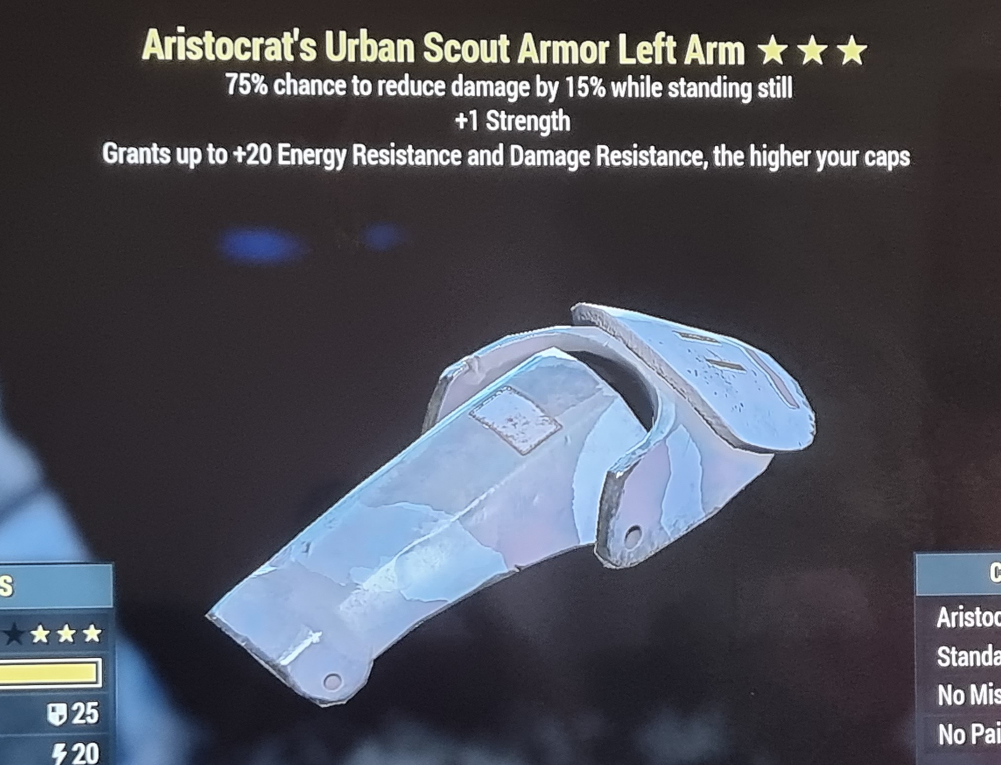 Aristocrats sentinel +1 strength urban left arm FALLOUT 76 PS4