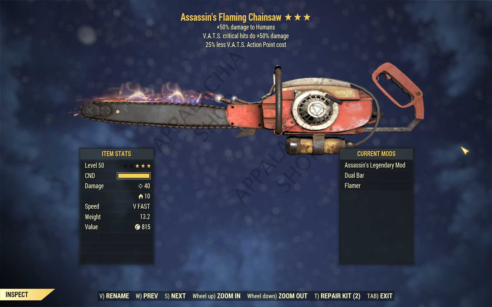 Assassin's Chainsaw (+50% critical damage, 25% less VATS AP cost)