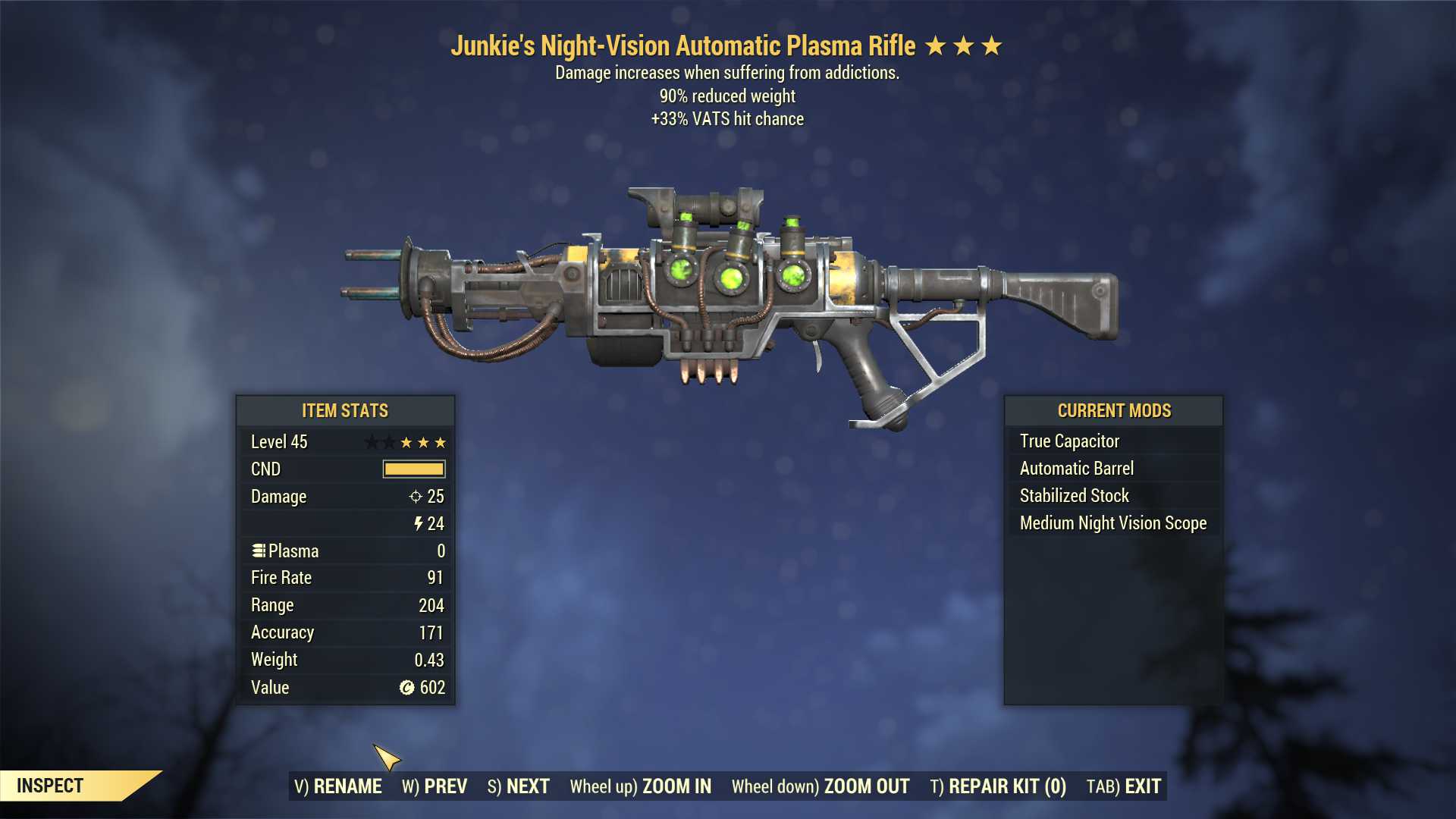 Junkie's Plasma rifle (+50% VATS hit chance, 90% reduced weight)