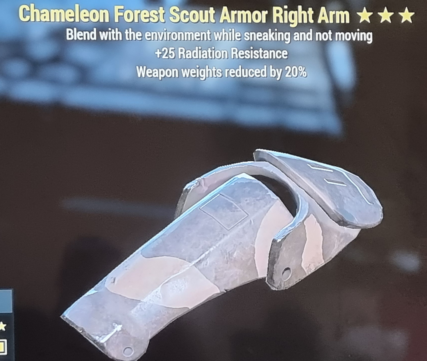 Chameleon weapon Weight reduction Rad resist forest right arm FALLOUT 76 PS4