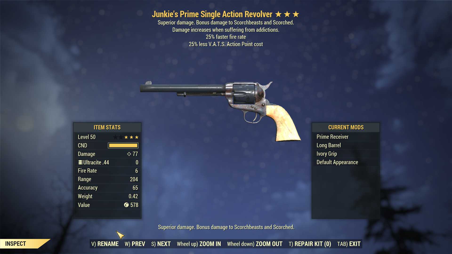 Junkie's Single Action Revolver (25% faster fire rate, 25% less VATS AP cost)