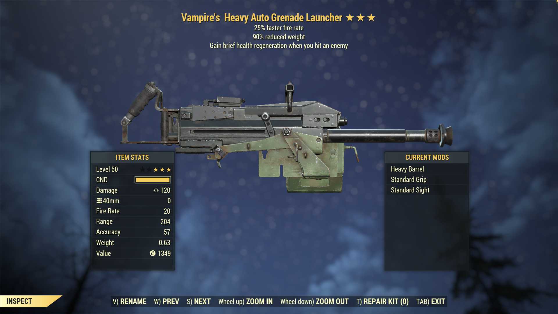 Vampire's Auto Grenade Launcher (25% faster fire rate, 90% reduced weight)