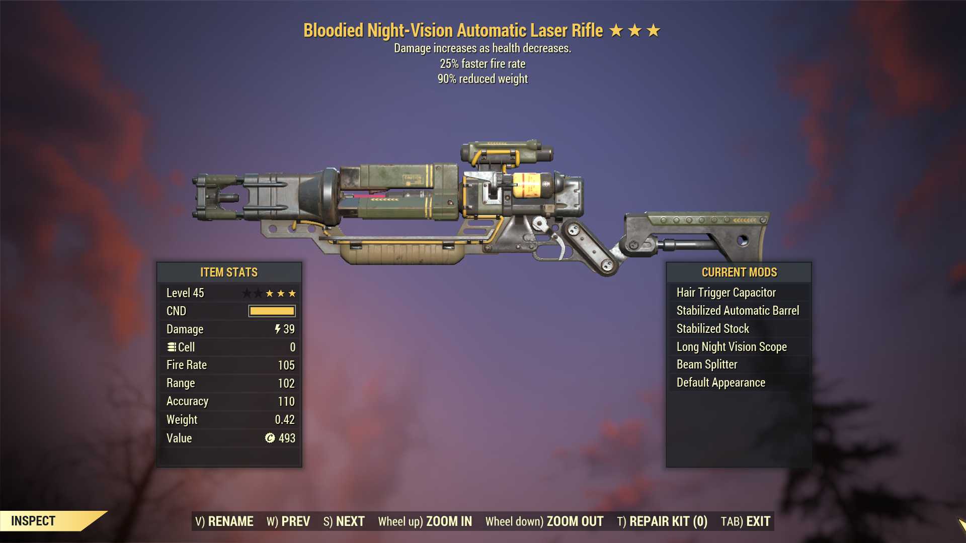 Bloodied Laser rifle (25% faster fire rate, 90% reduced weight)