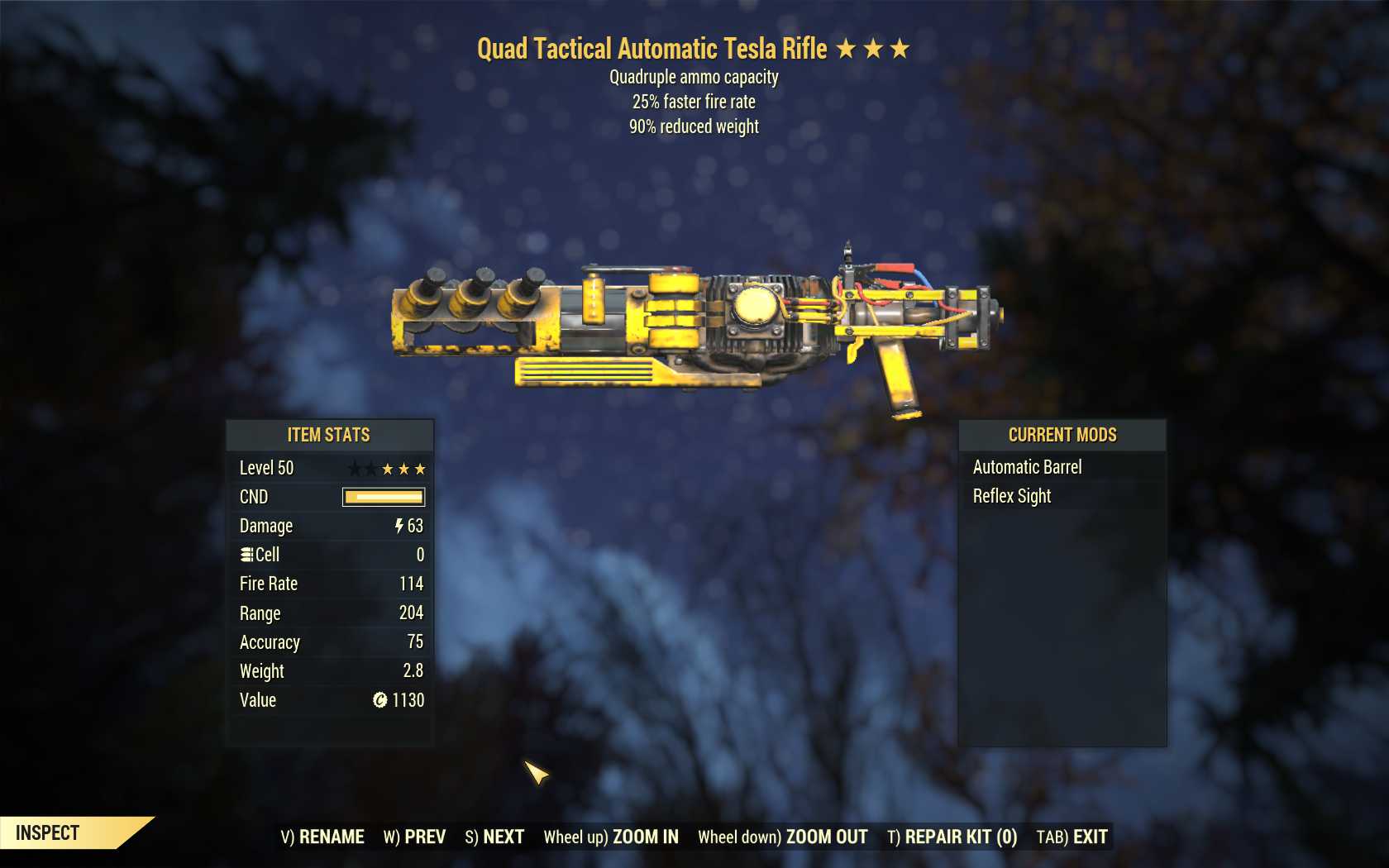 Quad Tesla rifle (25% faster fire rate, 90% reduced weight)