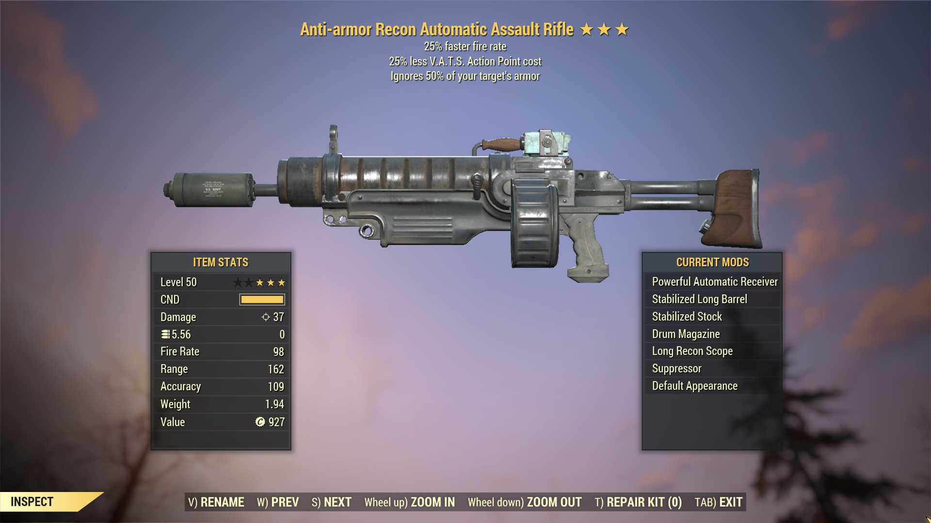 Anti-Armor Assault Rifle (25% faster fire rate, 25% less VATS AP cost)