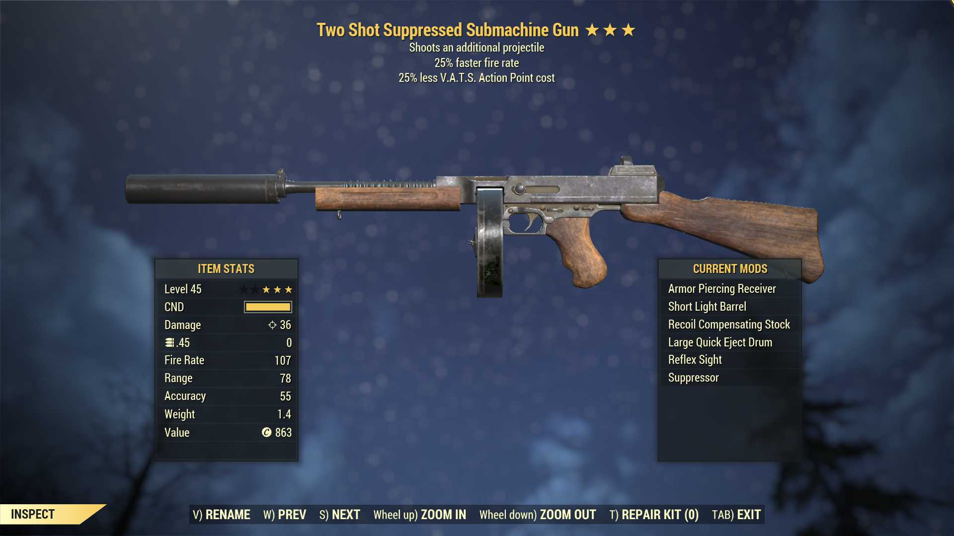 Two Shot Submachine Gun (25% faster fire rate, 25% less VATS AP cost)