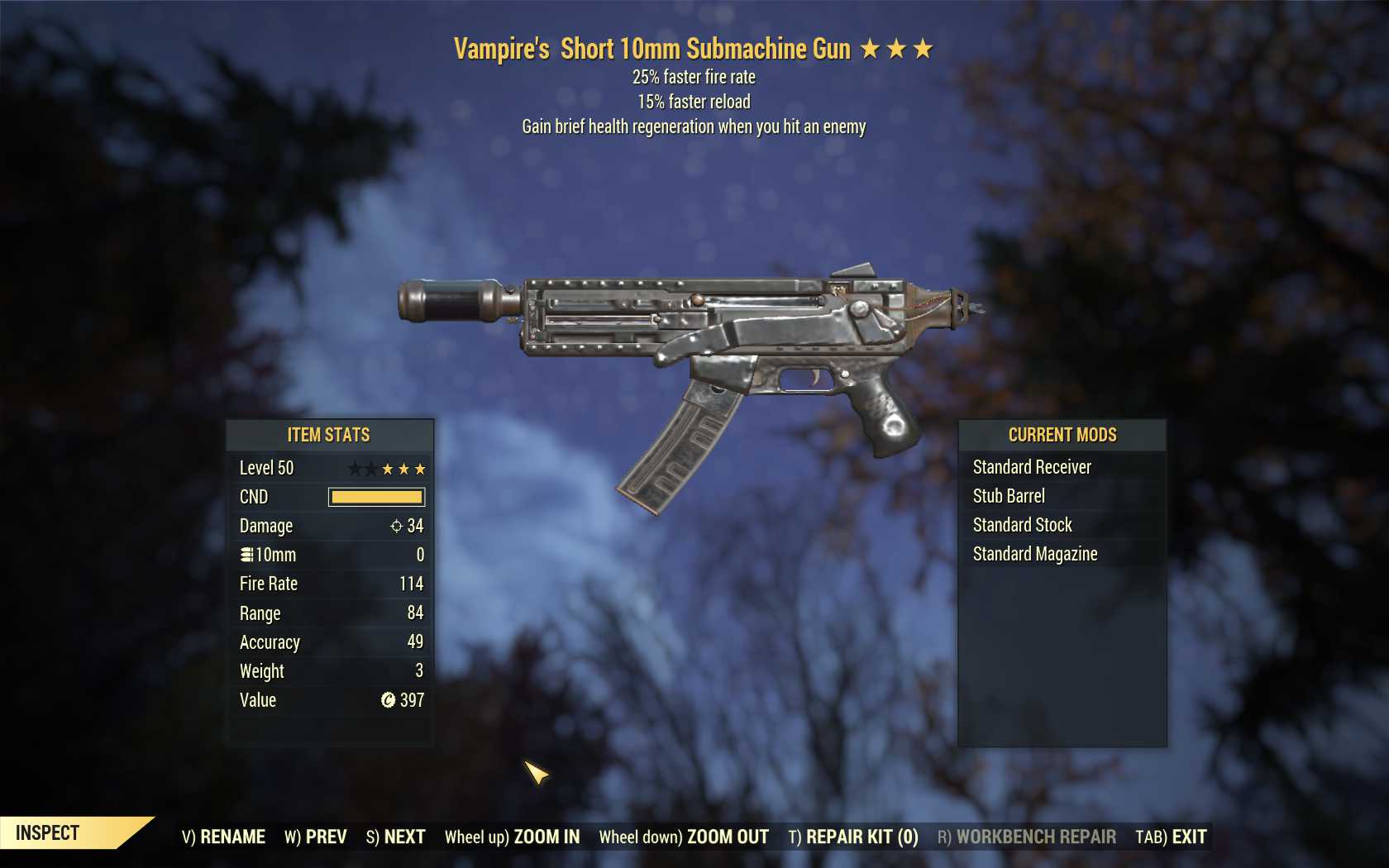 Vampire's 10mm Submachine Gun (25% faster fire rate, 15% faster reload)