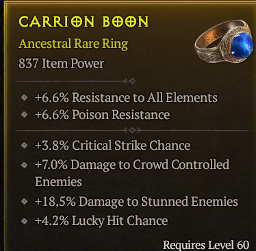 ANCESTRAL RING LVL 60 CRITICAL STRIKE CHANCE LUCKY HIT CHANCE CONTROLLED AND STUNNED DAMAGE
