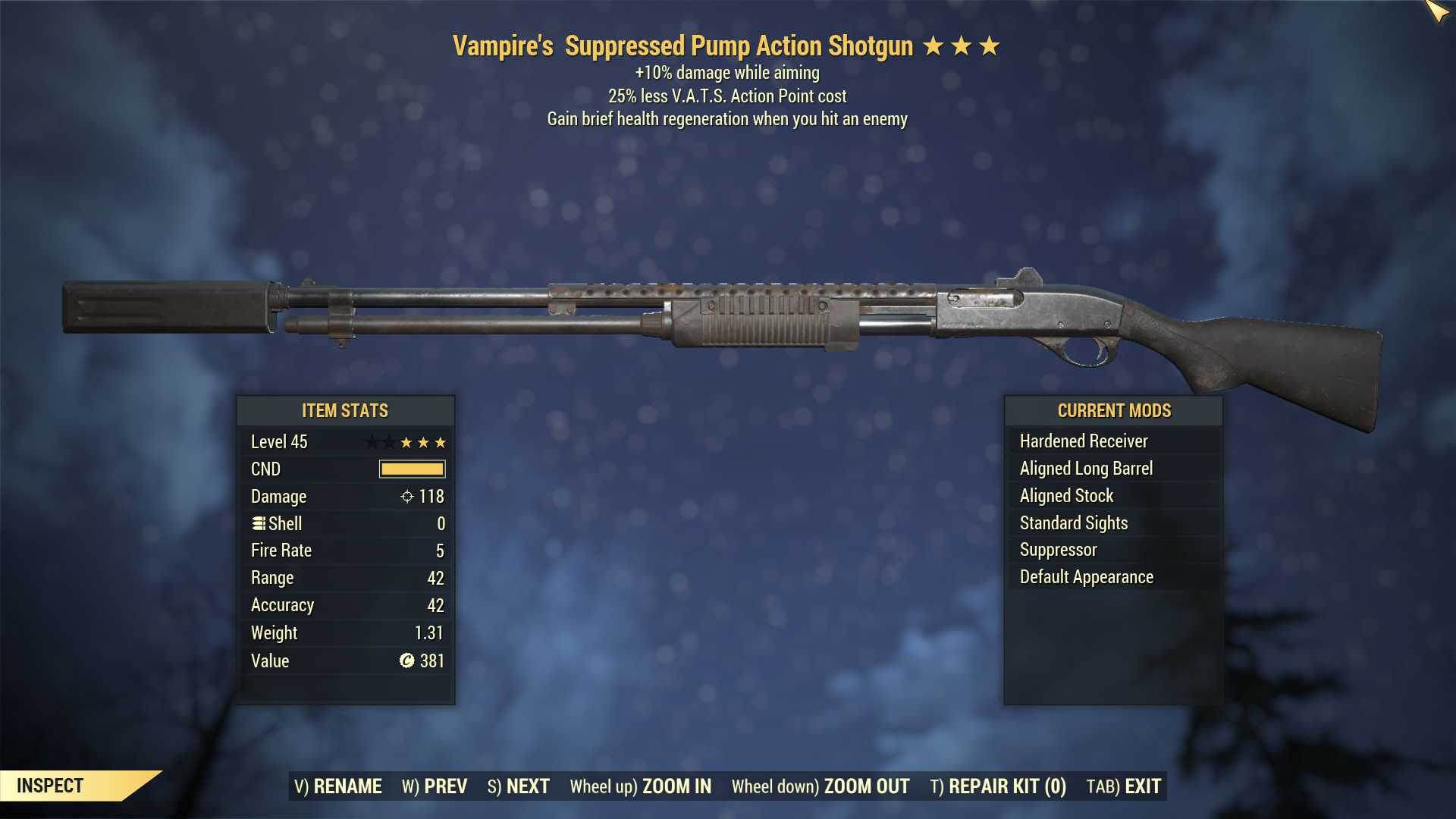 Vampire's Pump Action Shotgun (+25% damage WA, 25% less VATS AP cost)