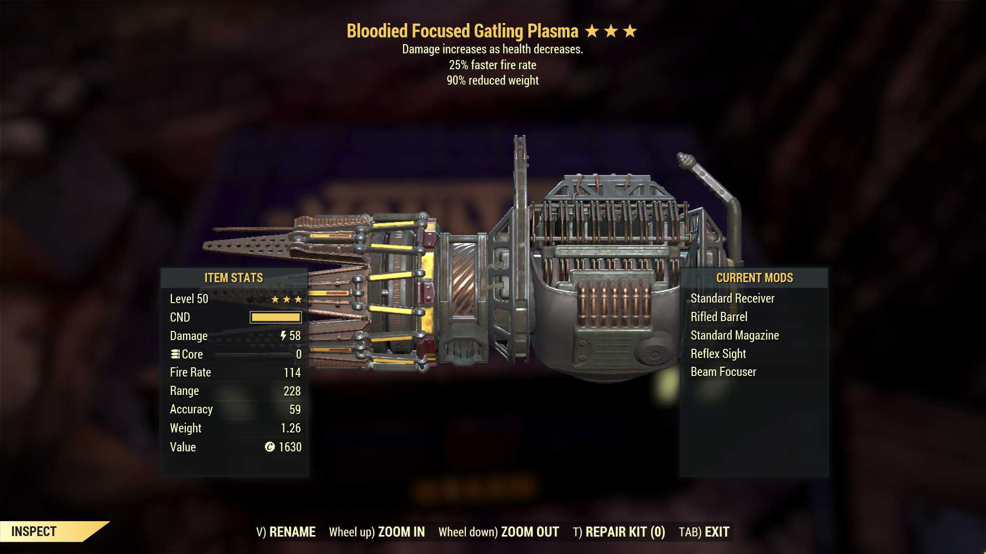 Bloodied Gatling Plasma (25% faster fire rate, 90% reduced weight)