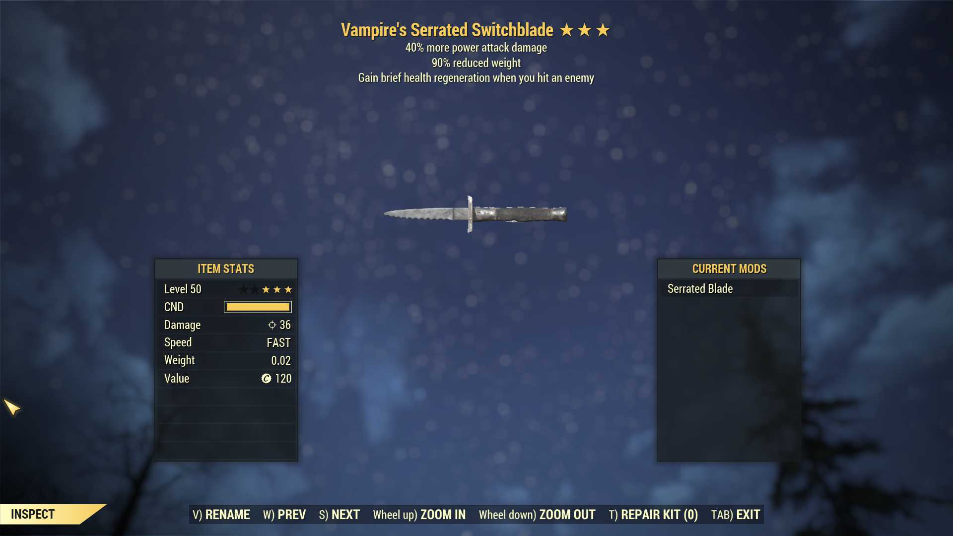 Vampire's Switchblade (+40% damage PA, 90% reduced weight)