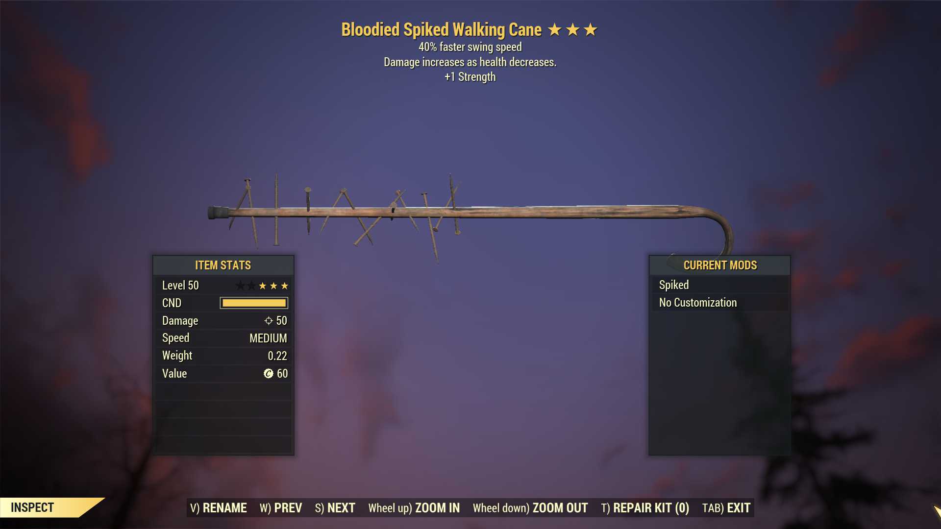 Bloodied Walking Cane (40% Faster Swing Speed, +1 Strength)