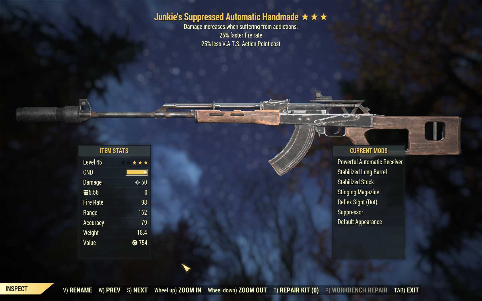 Junkie's Handmade (25% faster fire rate, 25% less VATS AP cost)