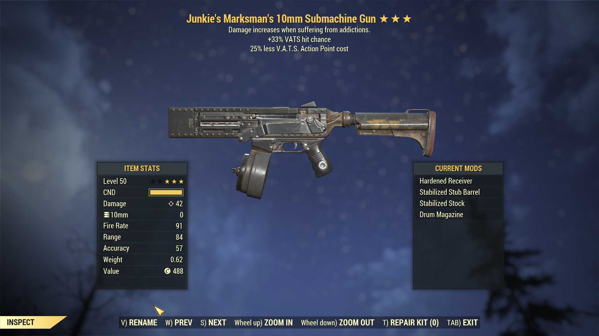 Junkie's 10mm Submachine Gun (+50% VATS hit chance, 25% less VATS AP cost)