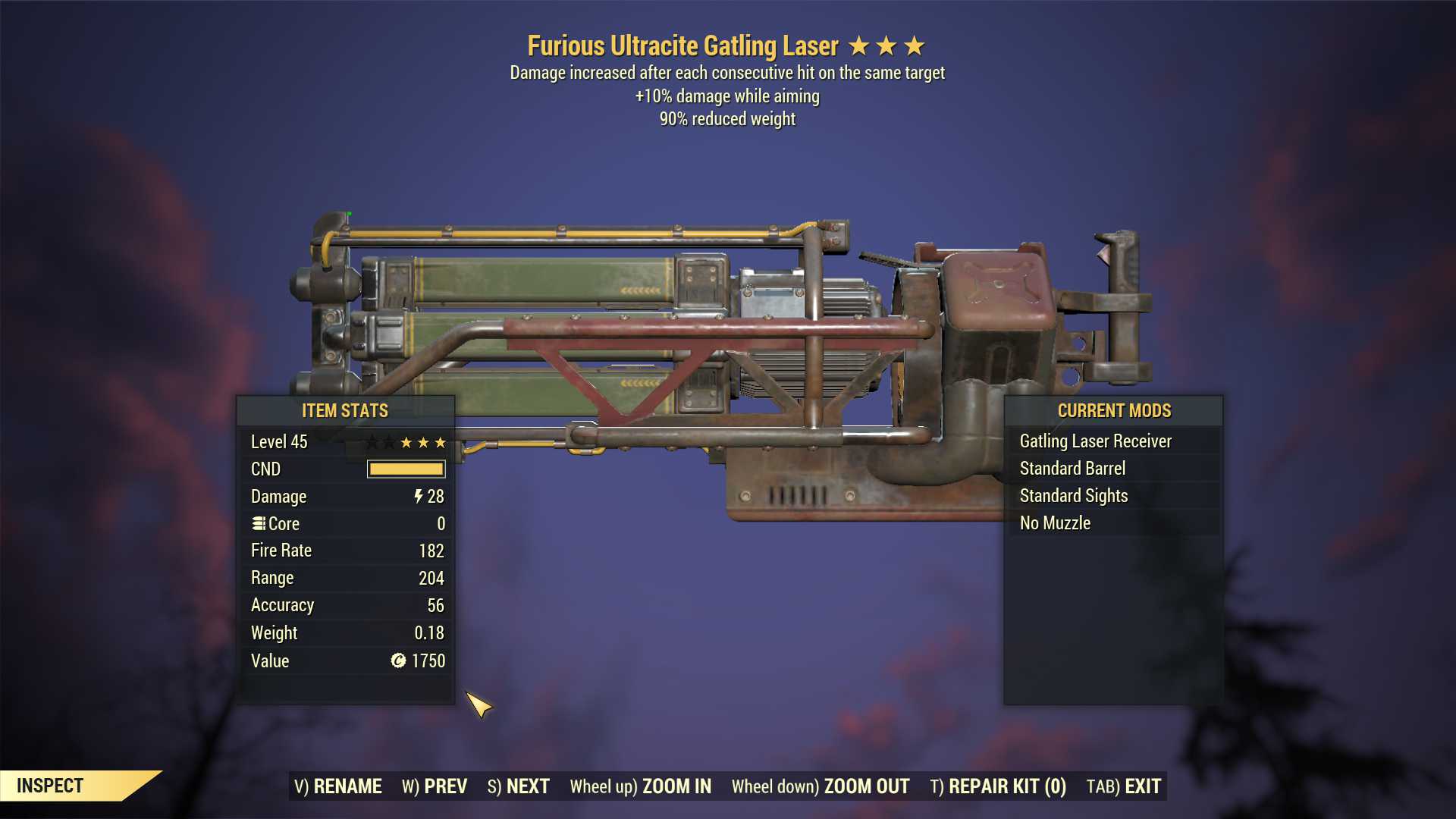 Furious Ultracite Gatling Laser (+25% damage WA, 90% reduced weight)