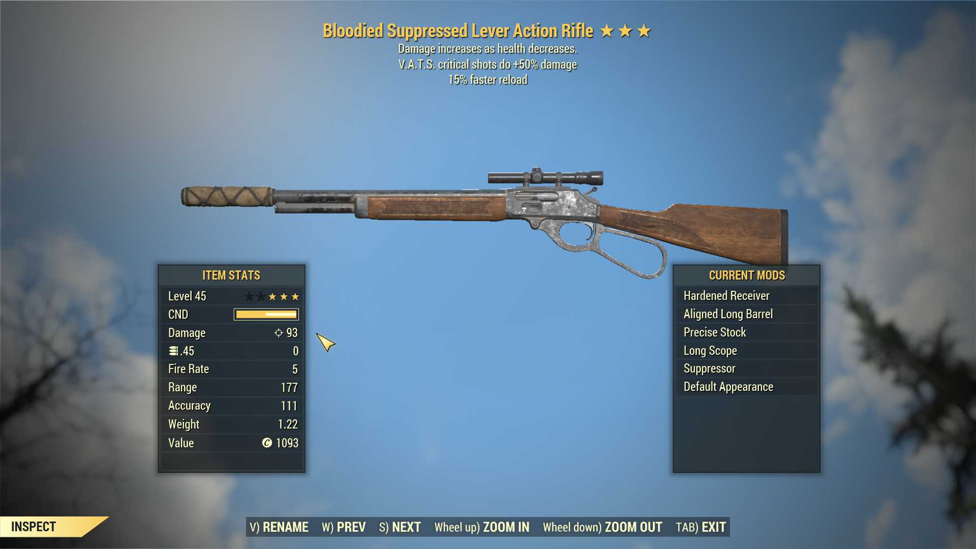 Bloodied Lever Action Rifle (+50% critical damage, 15% faster reload)