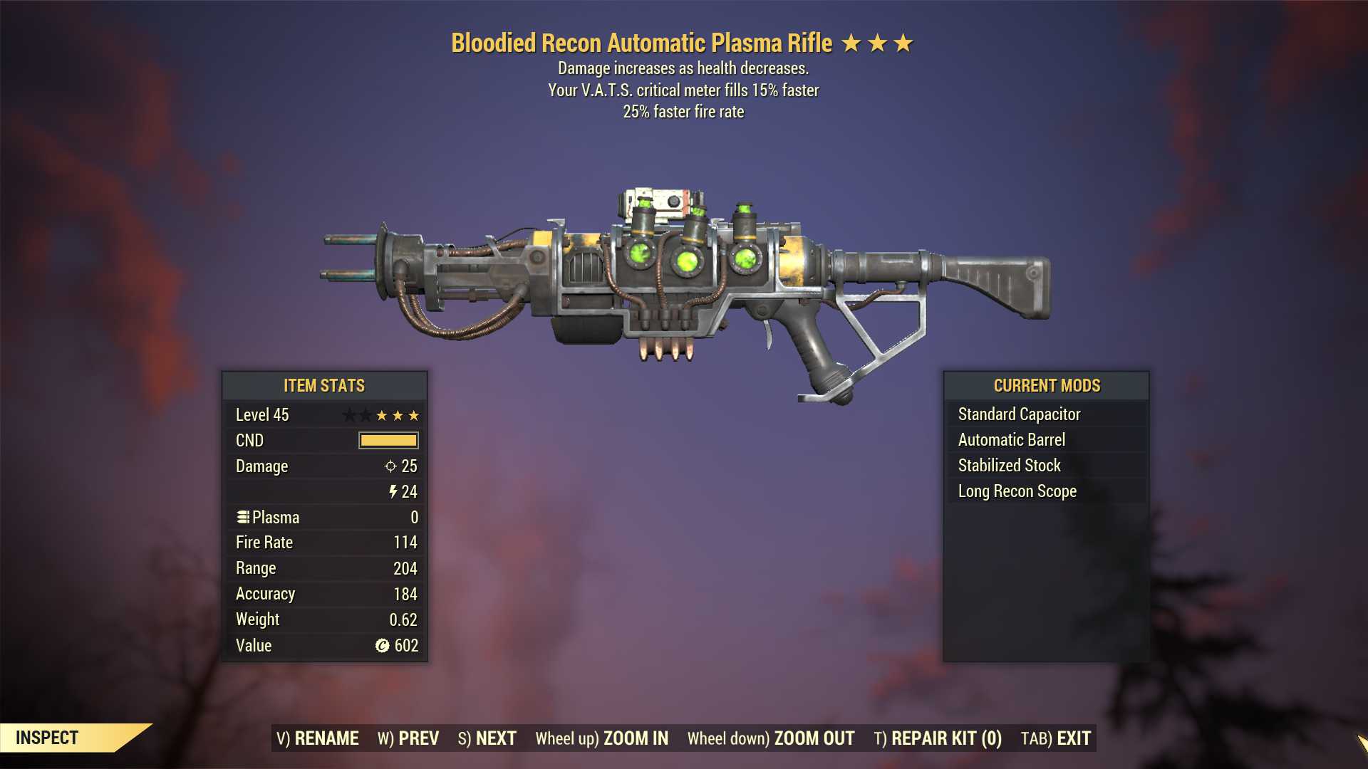 Bloodied Plasma rifle (25% faster fire rate, VATS crit fills 15% faster)