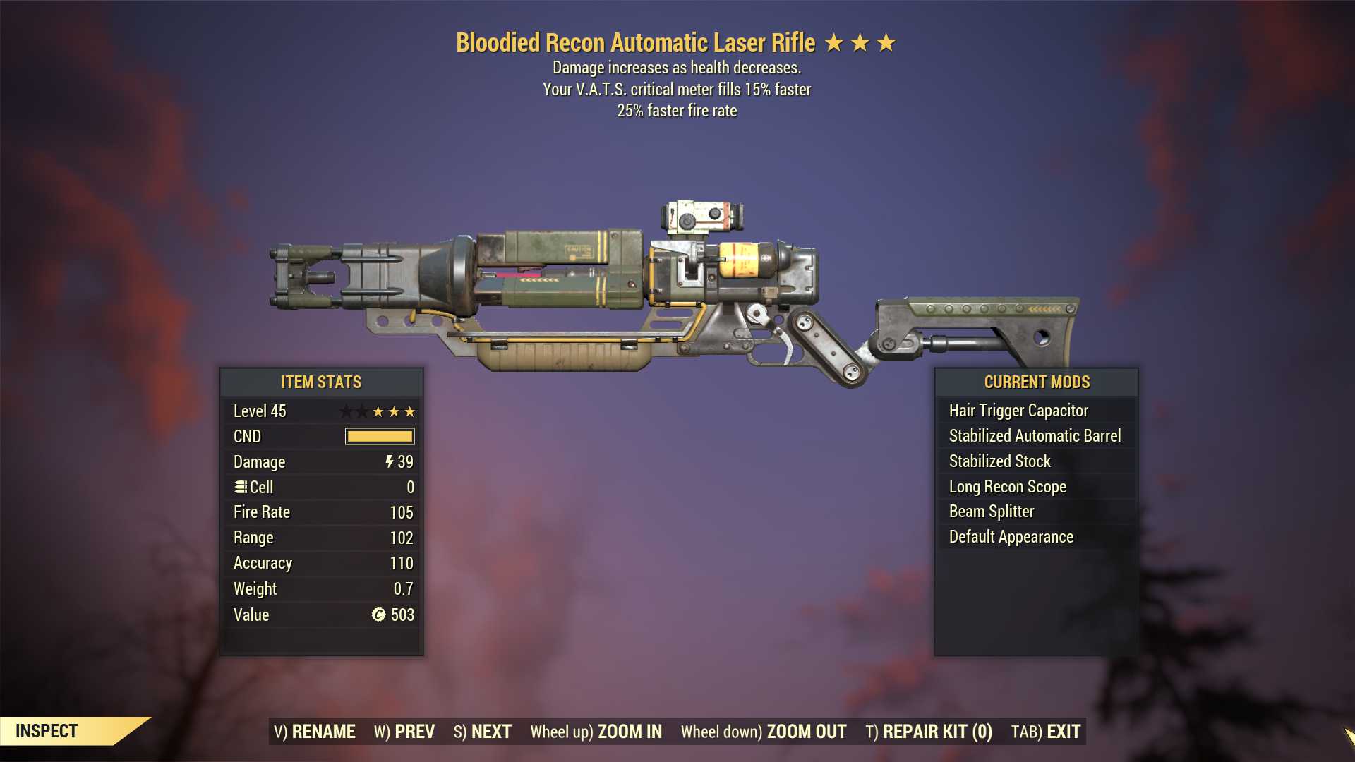 Bloodied Laser rifle (25% faster fire rate, VATS crit fills 15% faster)