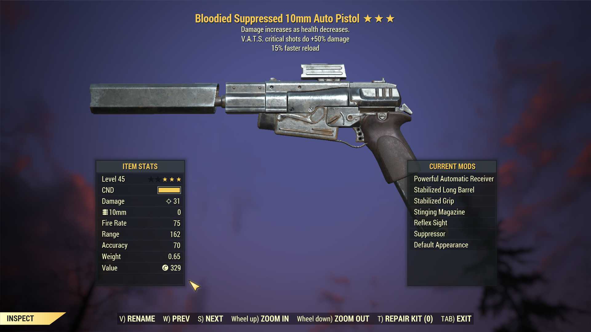 Bloodied 10mm Pistol (+50% critical damage, 15% faster reload)