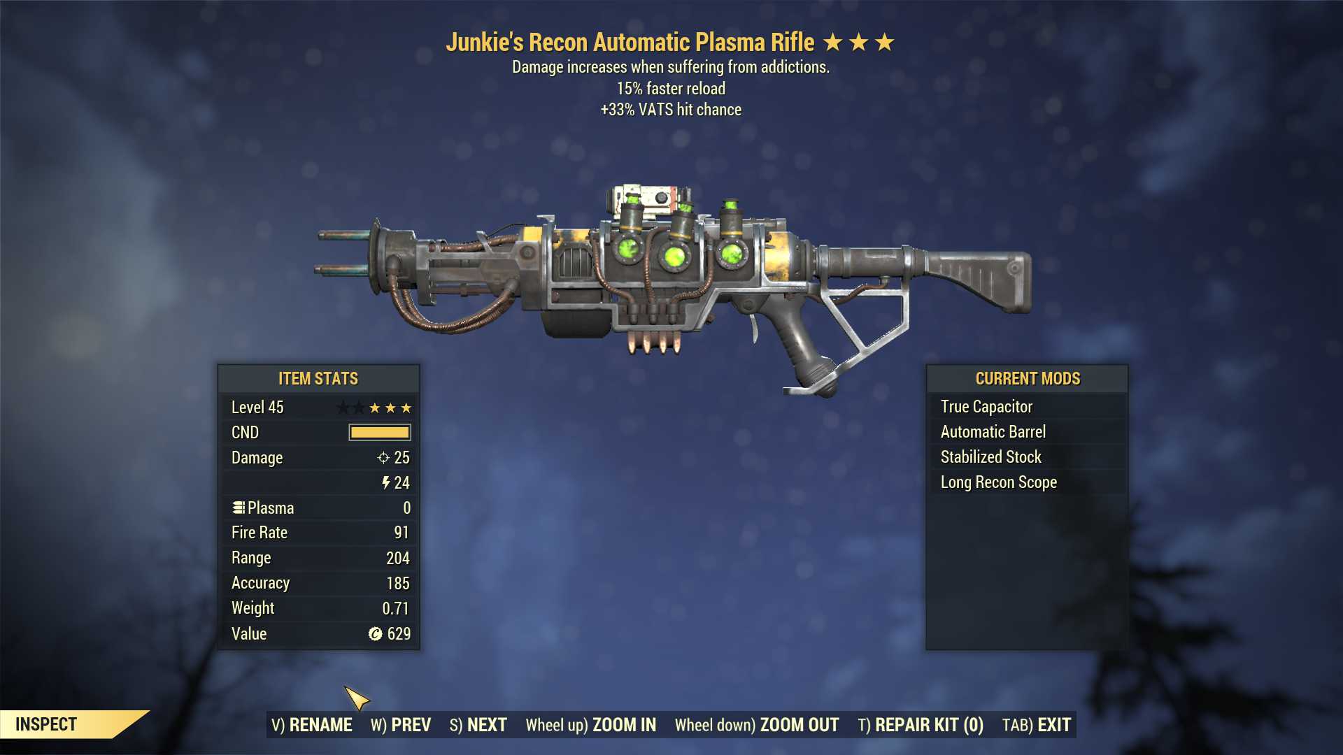 Junkie's Plasma rifle (+50% VATS hit chance, 15% faster reload)