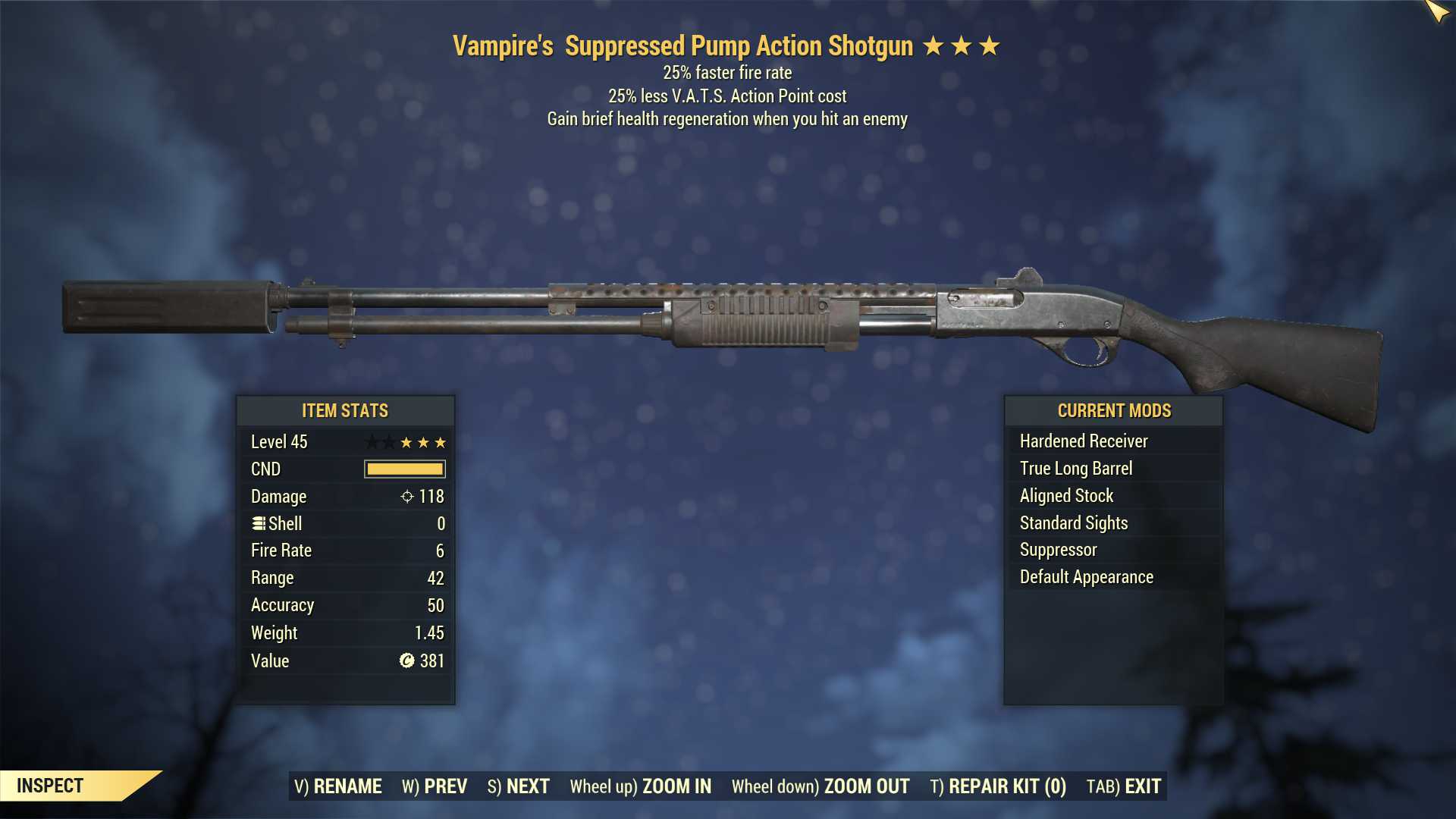 Vampire's Pump Action Shotgun (25% faster fire rate, 25% less VATS AP cost)