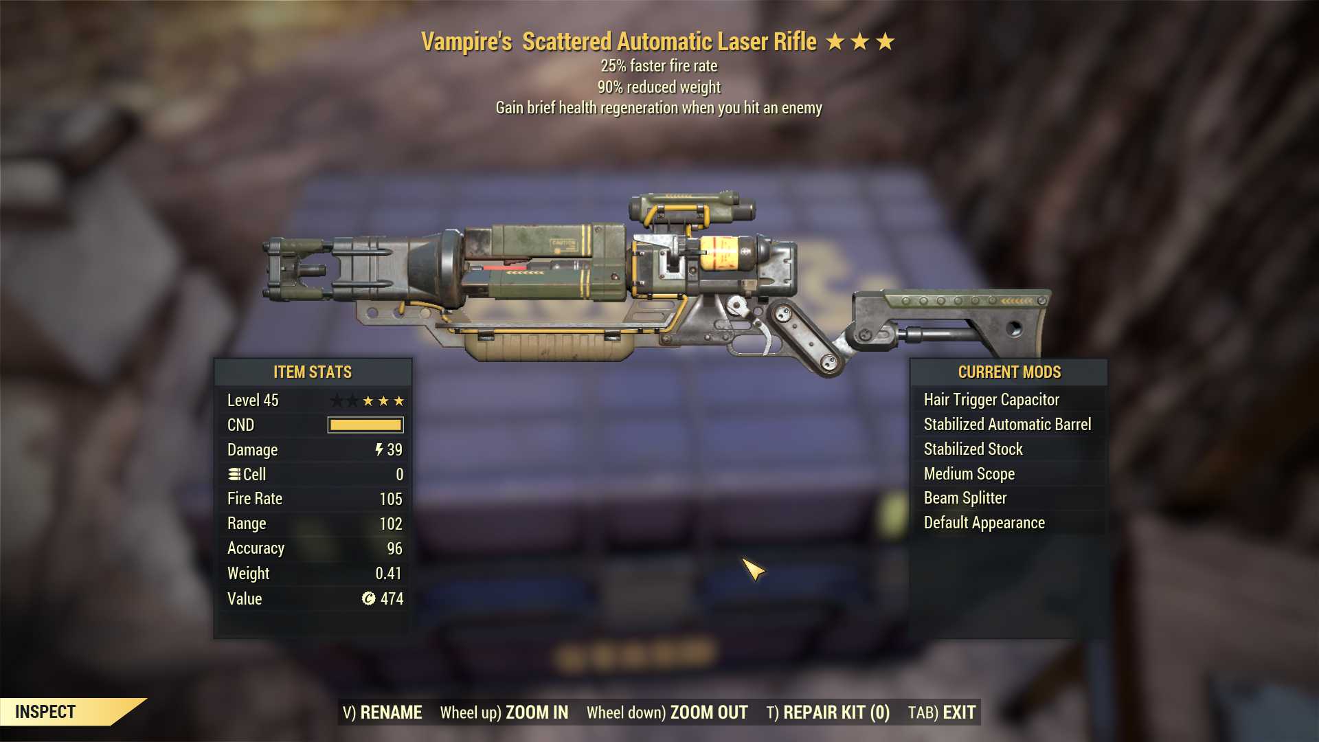 Vampire's Laser rifle (25% faster fire rate, 90% reduced weight)