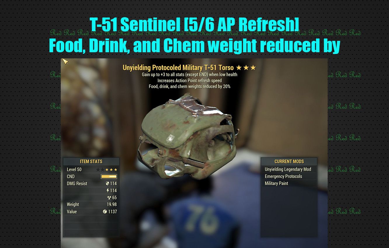 T-51 Sentinel [5/6 AP Refresh]Food, Drink, and Chem weight reduced by.Power Armor