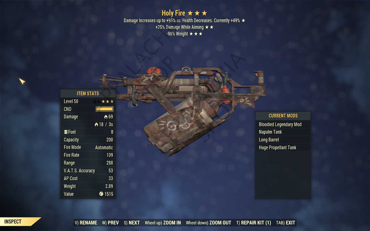 Bloodied Holy Fire (+25% damage WA, 90% reduced weight)