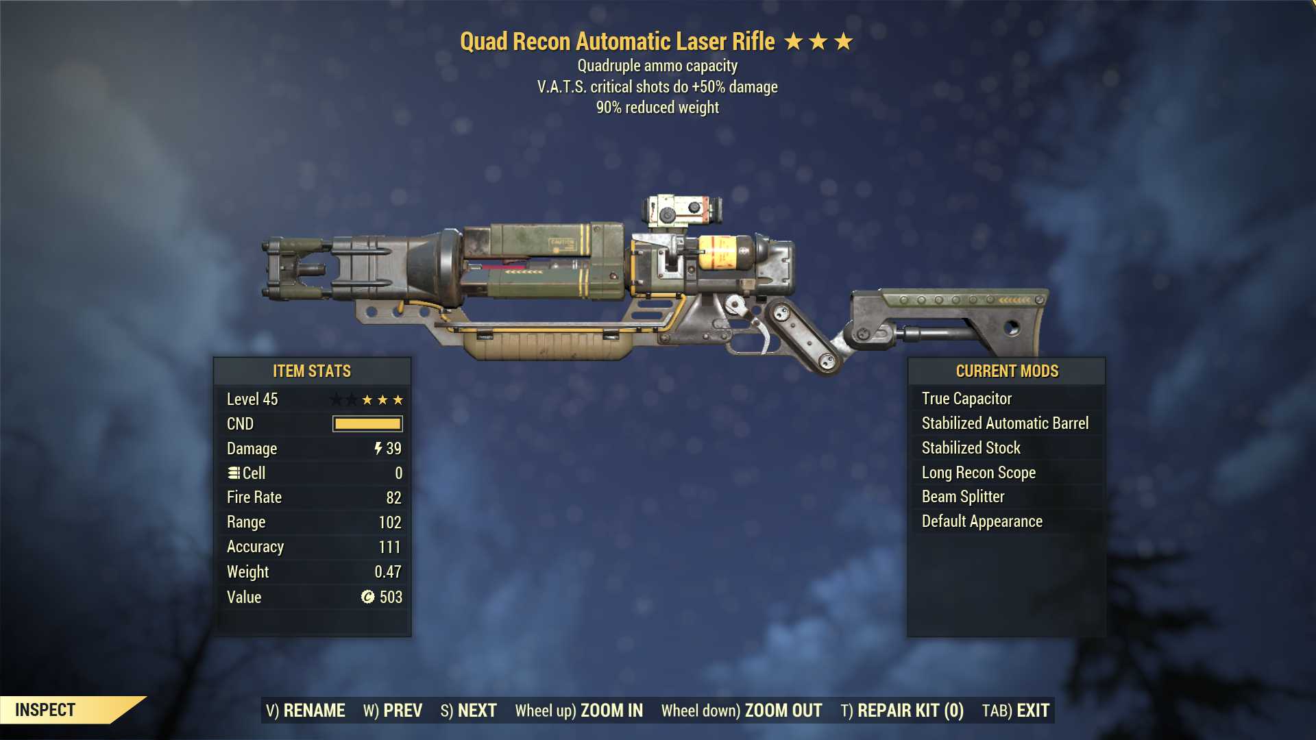Quad Laser rifle (+50% critical damage, 90% reduced weight)