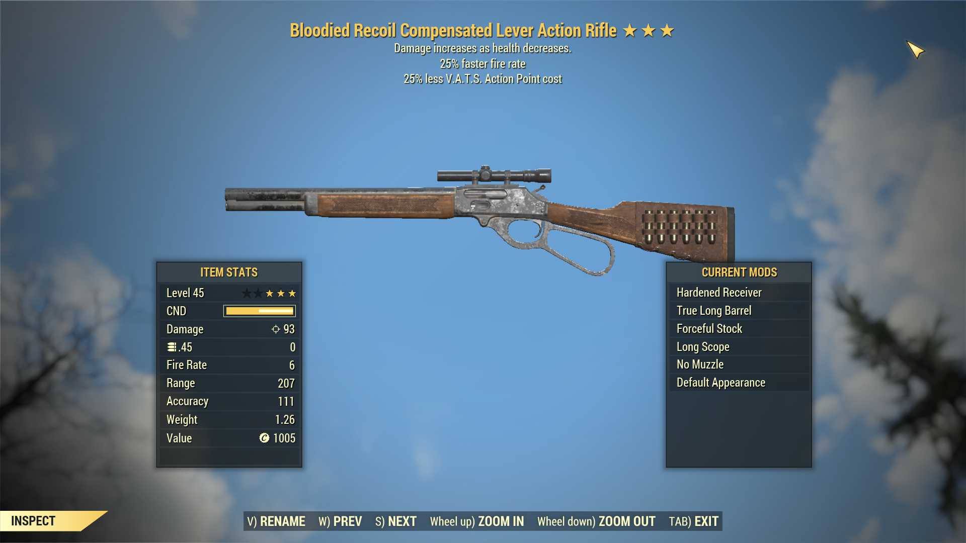 Bloodied Lever Action Rifle (25% faster fire rate, 25% less VATS AP cost)