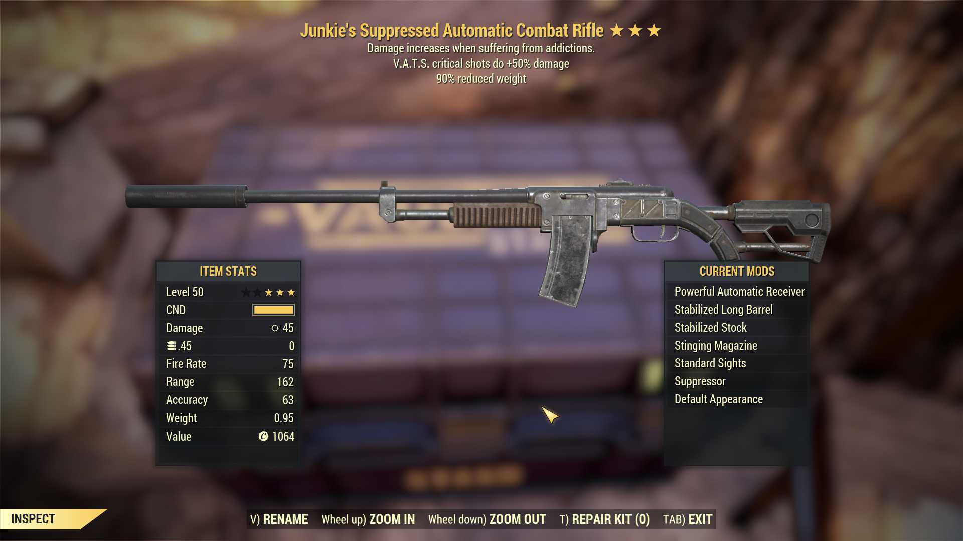 Junkie's Combat Rifle (+50% critical damage, 90% reduced weight)