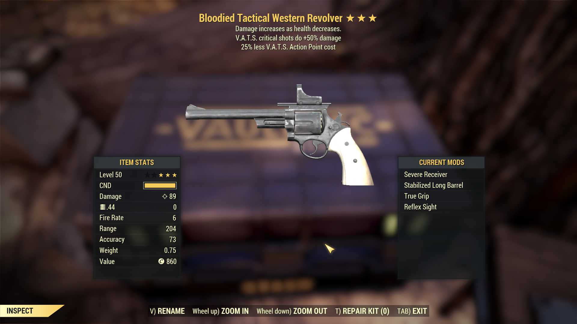 Bloodied Western Revolver (+50% critical damage, 25% less VATS AP cost)