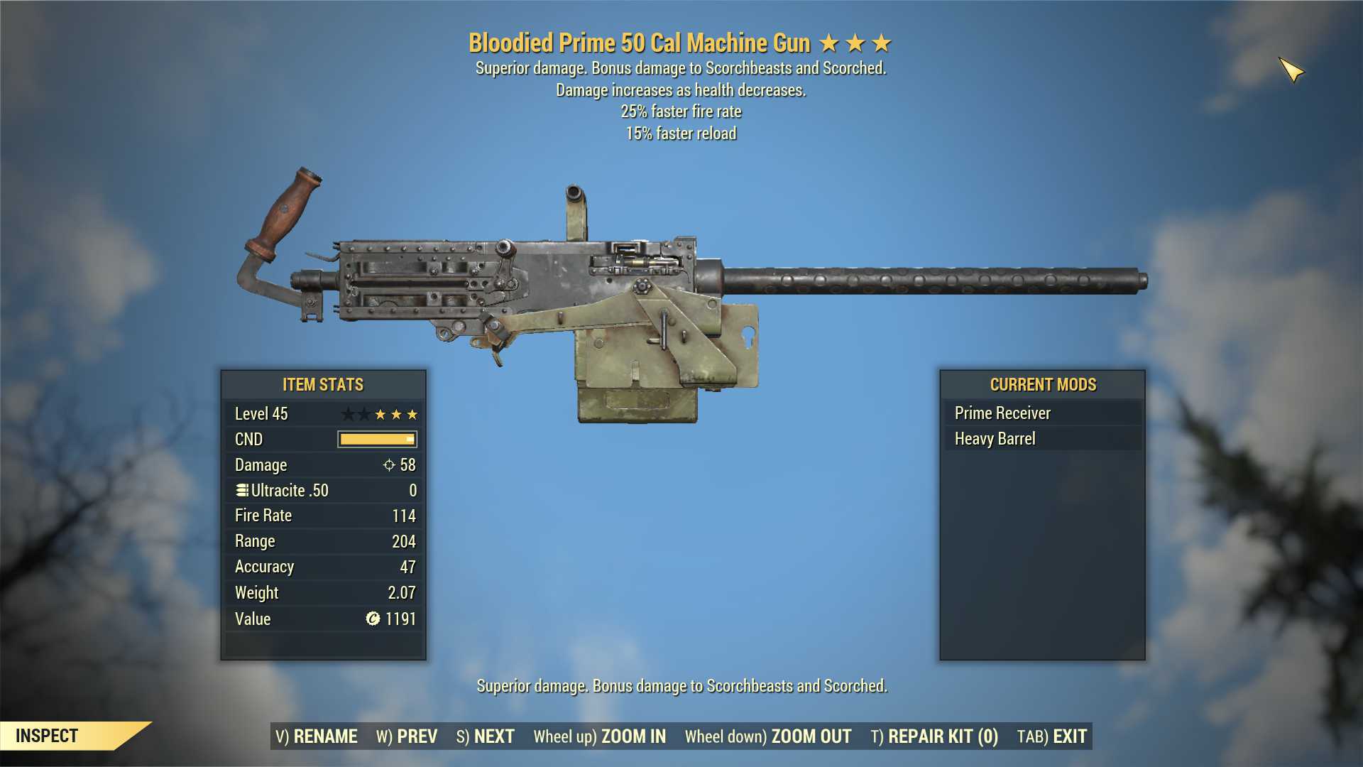 Bloodied 50 Cal Machine Gun (25% faster fire rate, 15% faster reload)