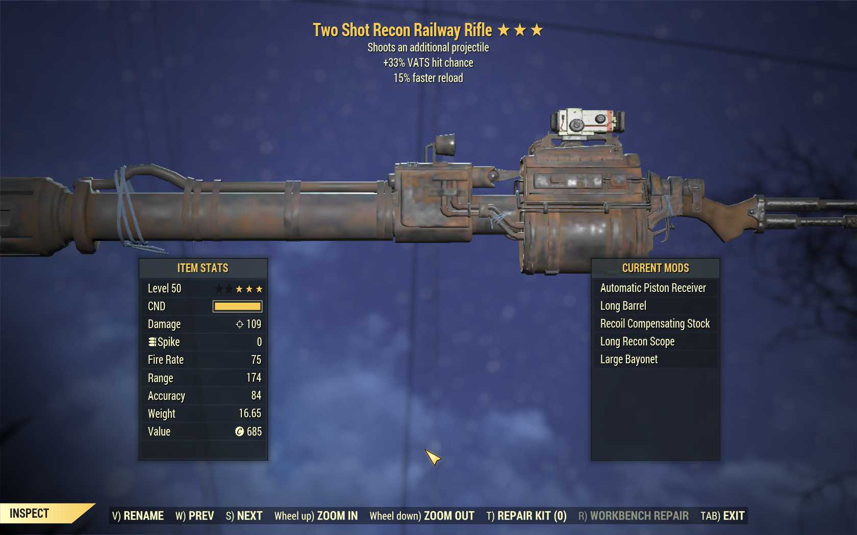 Two Shot Railway (+50% VATS hit chance, 15% faster reload)