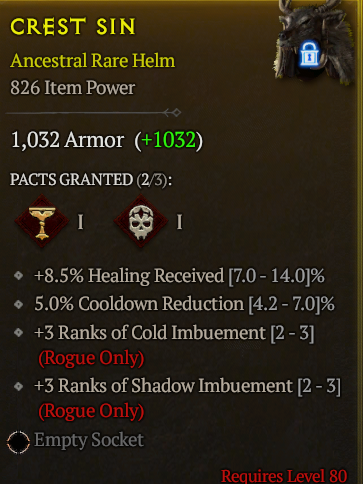 ANCESTRAL ROGUE HELM LVL 80 +3 SHADOW AND +3 COLD IMBUEMENT COOLDOWN REDUCTION HEALING